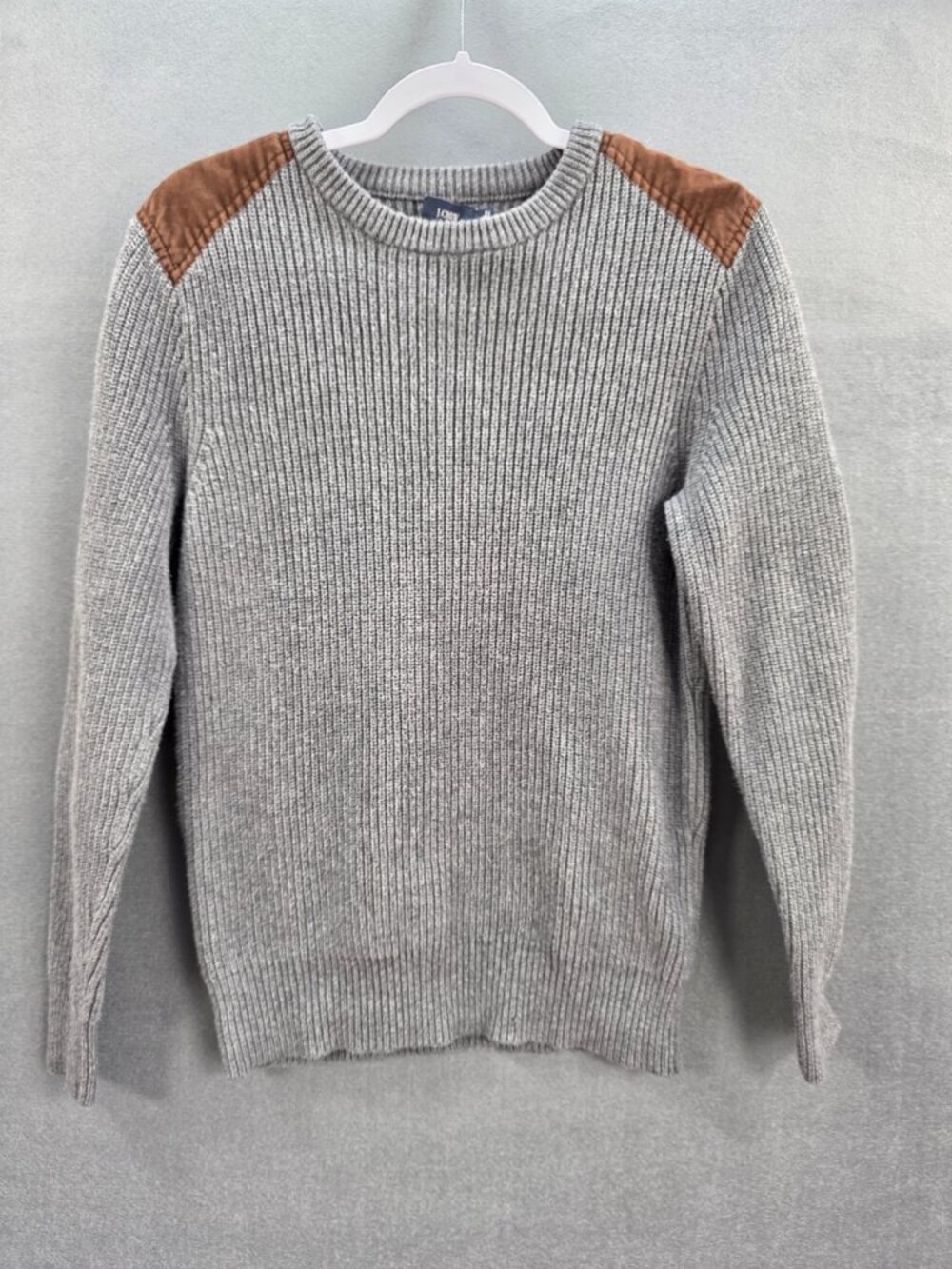 J.Crew Men's Gray Ribbed Cotton Sweater Brown Shoulder Patches Size S